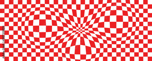 Trippy checkerboard background, wavy checker pattern, optical illusion. Vector seamless black and white swirl. Abstract distorted psychedelic texture, geometric ornament, monochrome chessboard print.