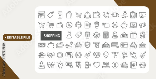 Shopping and retail line icons set. E-Commerce and retail outline icons collection. Shopping, gifts, store, shop, delivery, marketing, store, money, price - stock vector. 