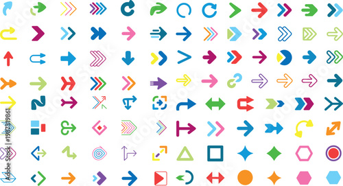 colorful arrow icons in different shapes and sizes on white background for design and navigation