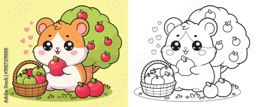 Hamster picking apple near tree and basket full of apples coloring page. Cute illustration for kids coloring page, creative activity, and early learning. Isolated on white background.