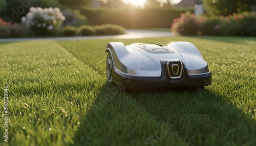 Robotic lawn mower cutting grass on a lush backyard garden at sunset for smart home automation concept, efficient landscaping technology and modern garden maintenance services