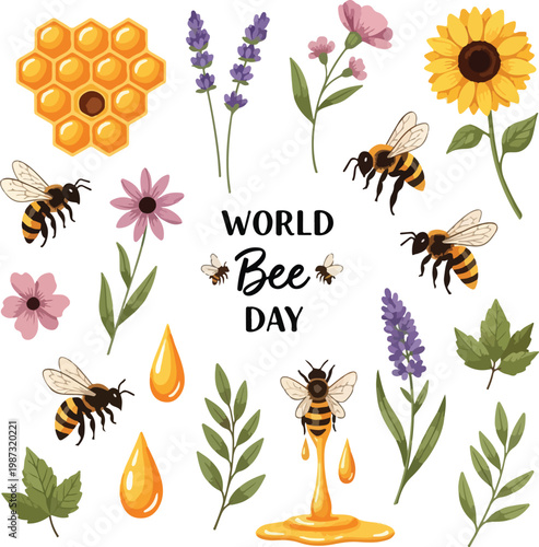 World Bee Day Illustration Set with Honeycomb, Spring Flowers, Honey Drops, and Cute Honey Bees for Nature Conservation and Sustainability Concept