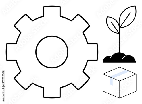 Industry, sustainability, logistics, growth, manufacturing, innovation. Minimalist ion of a gear, sprouting seedling and a box. Industry and sustainability concepts