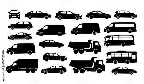 Collection of Diverse Black Vehicle Silhouettes Including Cars, Vans, Trucks and Buses Isolated on White