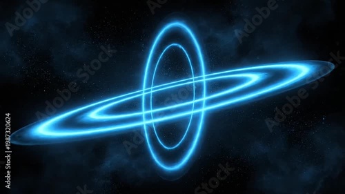 Vibrant neon blue rings glowing in deep space, suggesting a portal or celestial phenomenon.