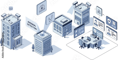 AI Powered Smart City Security and Anomaly Detection Isometric Illustration with Control Room and CCTV Monitoring