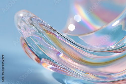 Clear glass sculpture with iridescent reflections on blue background