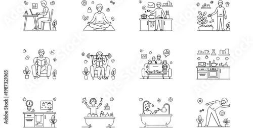 Collection of minimalist lifestyle icons featuring people at home working exercising gardening and relaxing in clean line art vector.