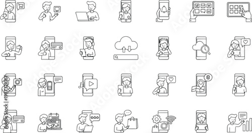 Collection of minimalist mobile technology icons featuring people using smartphones for online shopping banking social media and digital lifestyle line art vector.