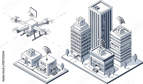 Isometric Line Art Illustration of a Smart City Drone Delivery System Featuring Urban Buildings, Autonomous Quadcopter, and Wireless Connectivity Symbols for Modern Logistics