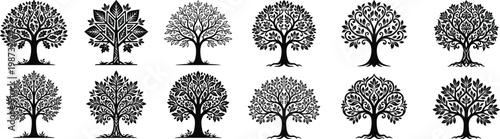 Stylized tree silhouettes, diverse foliage designs, artistic black trees, vector nature icons, abstract forest elements, decorative botanical patterns, creative ecology illustration