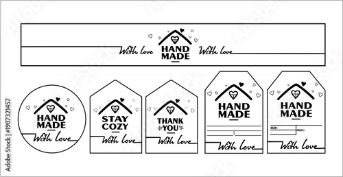 Handmade gift tags with hearts and "With Love" lettering, vector set.