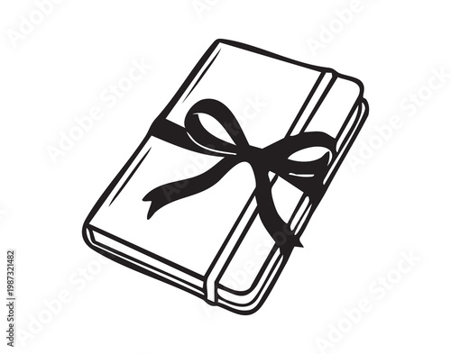 Wrapped journal tied ribbon simple sketch. Monochrome line art depicting closed leather notebook with bow, elastic closure, textured cover, gift tag accent, clean minimal composition ideal for product