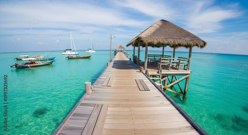 Fototapeta premium Beautiful wooden jetty leading to a thatched pavilion over crystal clear turquoise sea. Traditional fishing boats floating on the calm water of a tropical island resort during a sunny day
