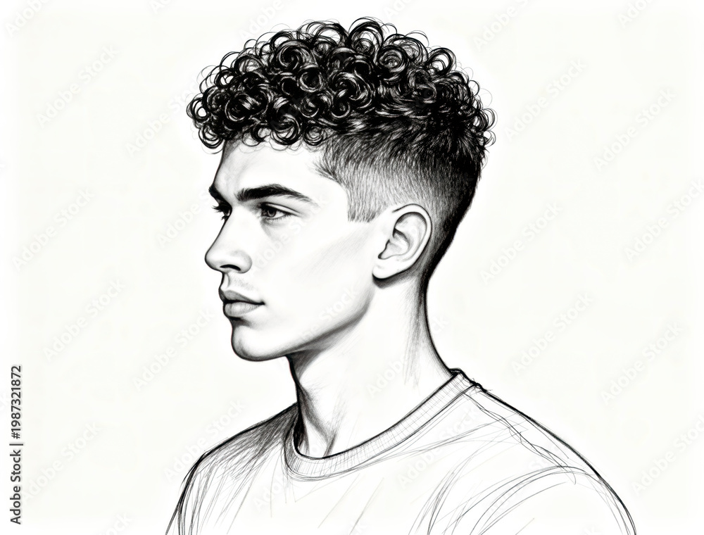 Fototapeta premium Hand-Drawn Outline Sketch Profile of a Young Man with Short Curly Hair