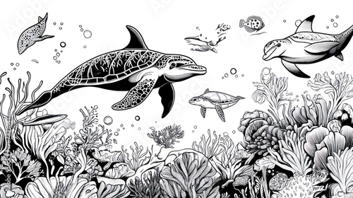 Underwater scene with dolphins, sea turtle, fish, and coral reef. Black and white drawing
