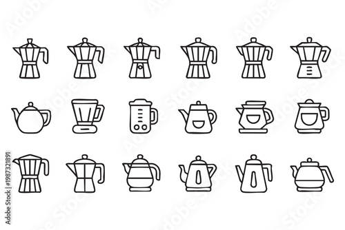 Coffee maker and teapot line icons, espresso brewing equipment symbols