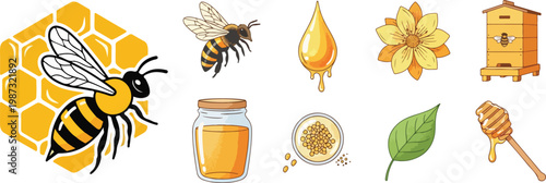 Honey Bee Collection for World Bee Day Concept with Honeycomb, Jar, and Flower Elements