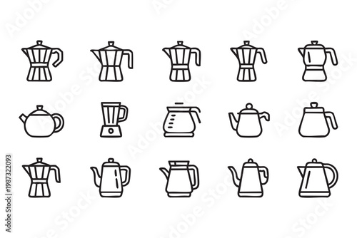 Moka pot kettle coffee icons, hot beverage appliance outline collection