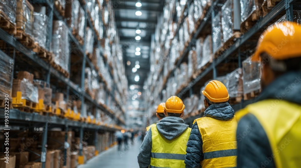Fototapeta premium team of employees in hard hats and high-visibility vests checking inventory on warehouse shelves, organized logistics and teamwork in an industrial setting