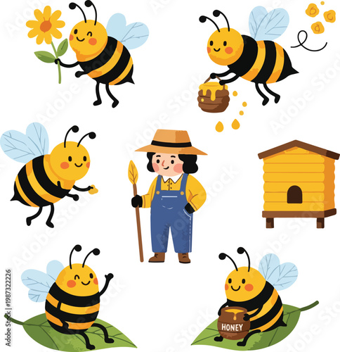 Cute Beekeeper and Honey Bee Collection for World Bee Day, Spring Garden Vector Illustration Set