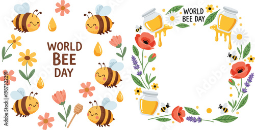 World Bee Day Floral Frame and Cute Bee Pattern Set for Spring Celebration