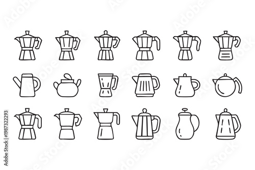 Kitchen coffee appliance icons, espresso moka pot outline symbol set