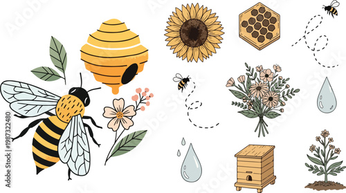 Hand Drawn Bee and Nature Vector Set for Earth Day and World Bee Day, Organic Garden Elements with Honeycomb, Flowers, and Beehive Illustrations on White Background.