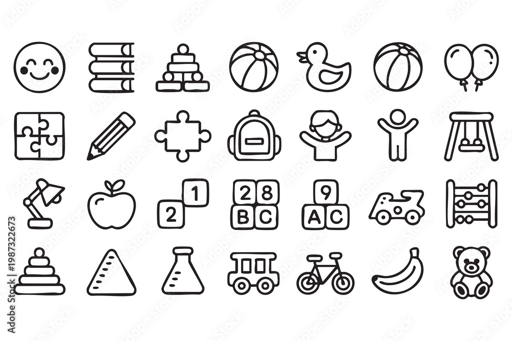 Fototapeta premium Kids education and toy icons, school learning objects, children activity symbols