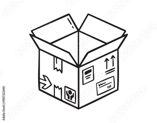 Open cardboard box with symbols, illustration shows open flaps, handling icons and label areas, tape marks and fragile arrows, ideal for shipping, unboxing visuals, moving scenes, ecommerce