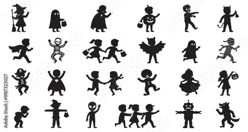 Trick or Treat Kids Actions Silhouettes Set Pack Editable Vector Stroke Illustration. featuring more halloween, costume, children, kids, character, silhouette, vector, illustration, graph silhouettes.