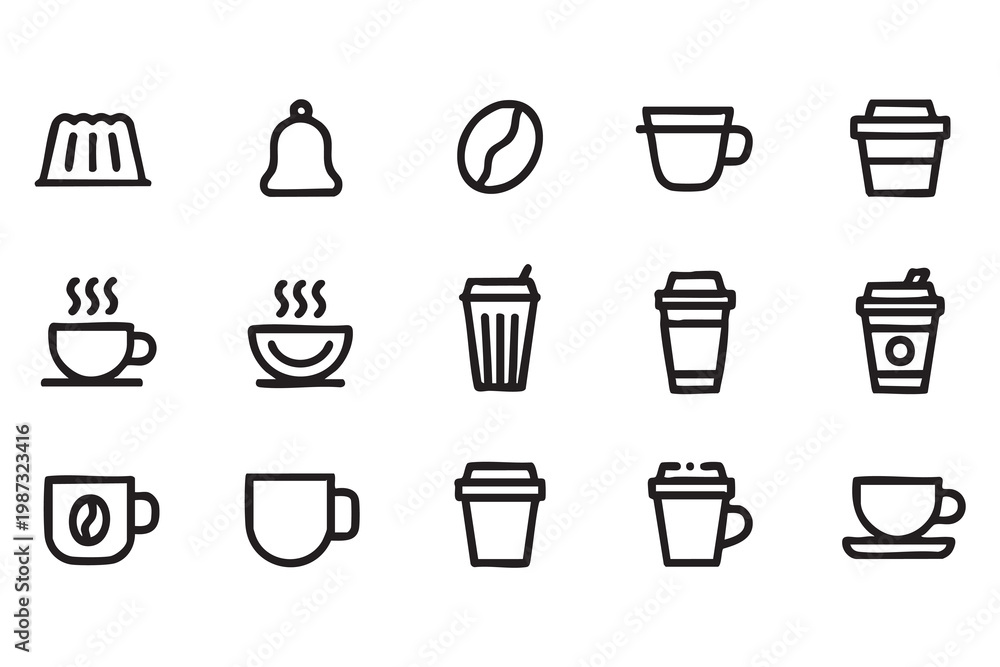 Obraz premium Coffee cup and takeaway drink icons, hot beverage cafe line symbols