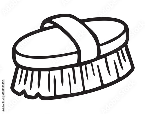 Oval scrubbing brush with strap, durable bristles and curved base. Handheld cleaning tool evokes handson caretaking and vintage utility. Designed for deepcleaning grout and tile, polishing shoes,