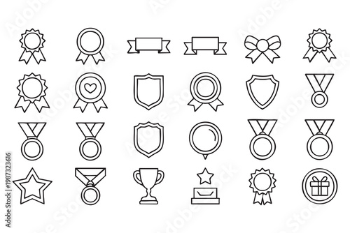 Reward and recognition icons, award medal trophy outline set