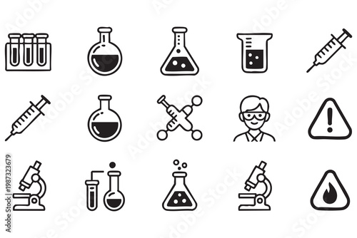 Laboratory research icons, chemistry medical test tube syringe symbols