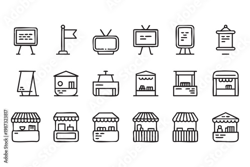 Market stall and kiosk icons, retail booth signage shop symbols