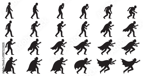 Vampire Transformation Sequence Silhouettes Set Pack. Editable Vector Stroke Illustration. featuring more transformation, vampire, silhouette, sequence, evolution, horror, gothic, spooky silhouettes.