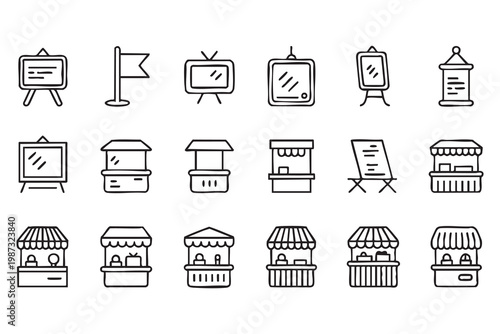 Retail shop booth icons, market stall kiosk outline symbol set
