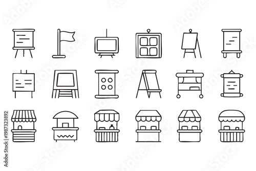 Shop kiosk icons, retail booth stall signage outline set