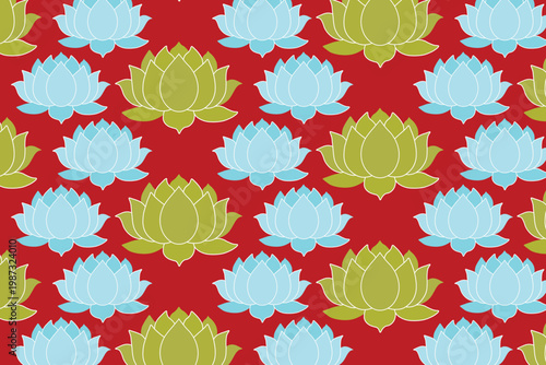 Oriental lotus flower seamless pattern, blue and green water lily floral background, traditional asian botanical vector illustration on red