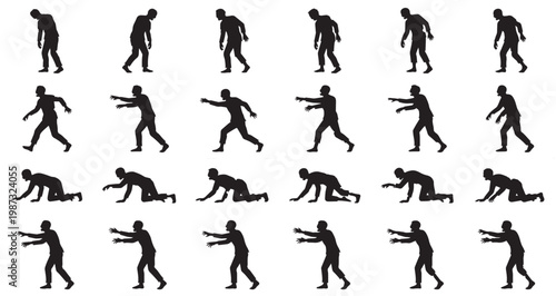  Zombie Movement Variations Silhouettes Set Pack Editable Vector Stroke Illustration. featuring more  zombie, sprite, sheet, vector, illustration, horror, animation, game, character silhouettes.