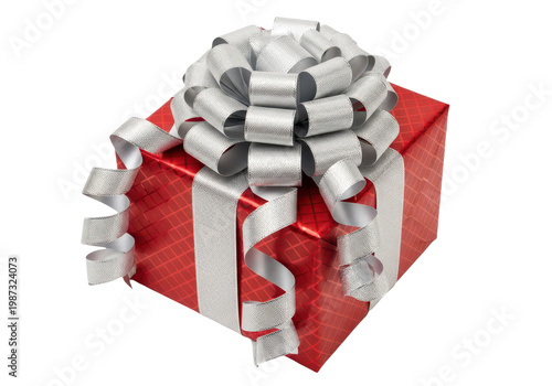 A red gift box with a silver bow isolated on transparent background for special occasions