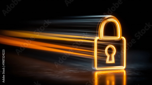 Glowing lock icon with motion trails representing fast cybersecurity protection and encrypted digital systems.