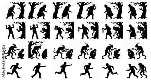 Dark Forest Horror Scenes Silhouettes Set Pack Editable Vector Stroke Illustration. featuring more horror, silhouette, monster, creature, spooky, vector, design, graphic, mystery, fear silhouettes.