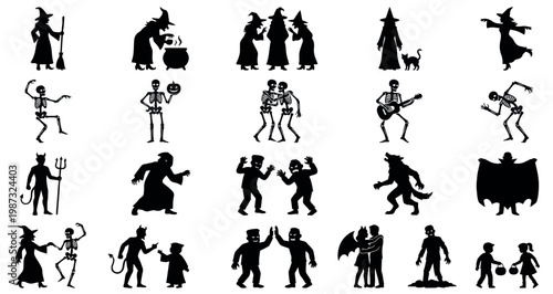 Halloween Party and Costume Mix Silhouettes Set Pack Editable Vector Stroke Illustration. featuring more     halloween, vector, graphic, silhouette, monster, witch, skeleton, ghost, demon silhouettes.