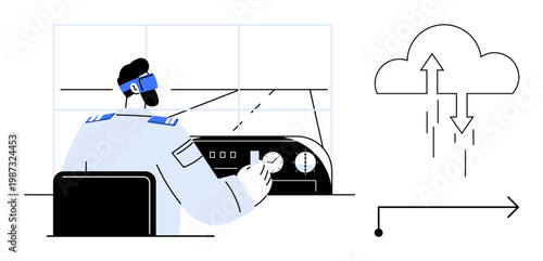 Cloud computing concept. Pilot in cockpit interacts with controls linked to cloud data transfer. Cloud computing enables smooth data exchange and real-time updates. For aviation, logistics