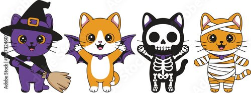 Cute Halloween Cat Vector Illustration Set Featuring Witch Bat Skeleton and Mummy Costumes for Spooky Holiday Party Designs.