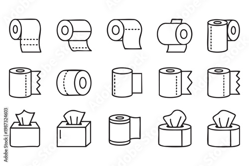 Toilet paper and tissue icons, bathroom hygiene roll symbols