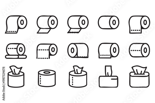 Bathroom hygiene icons, toilet paper tissue roll outline set