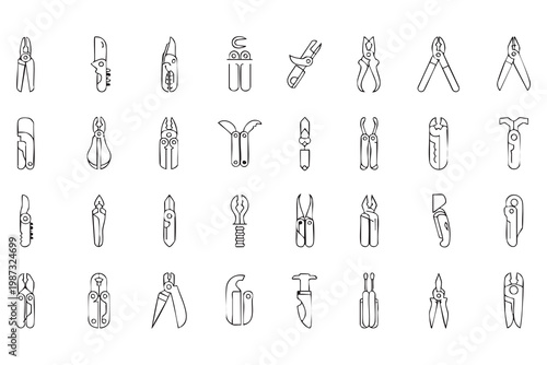 Hand tools icons, pliers cutter knife repair equipment symbols
